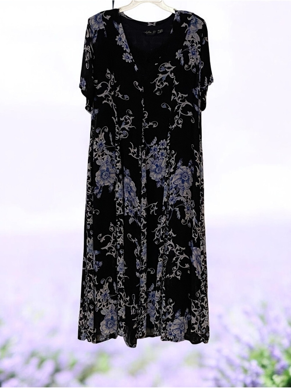 🖤 Vintage Lola P. Floral Lace-Trim Maxi Dress SIZE M